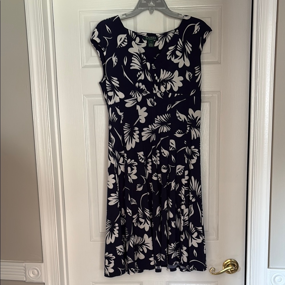 Lauren Ralph Lauren Blue and White Floral Midi Dress with Cap Sleeves